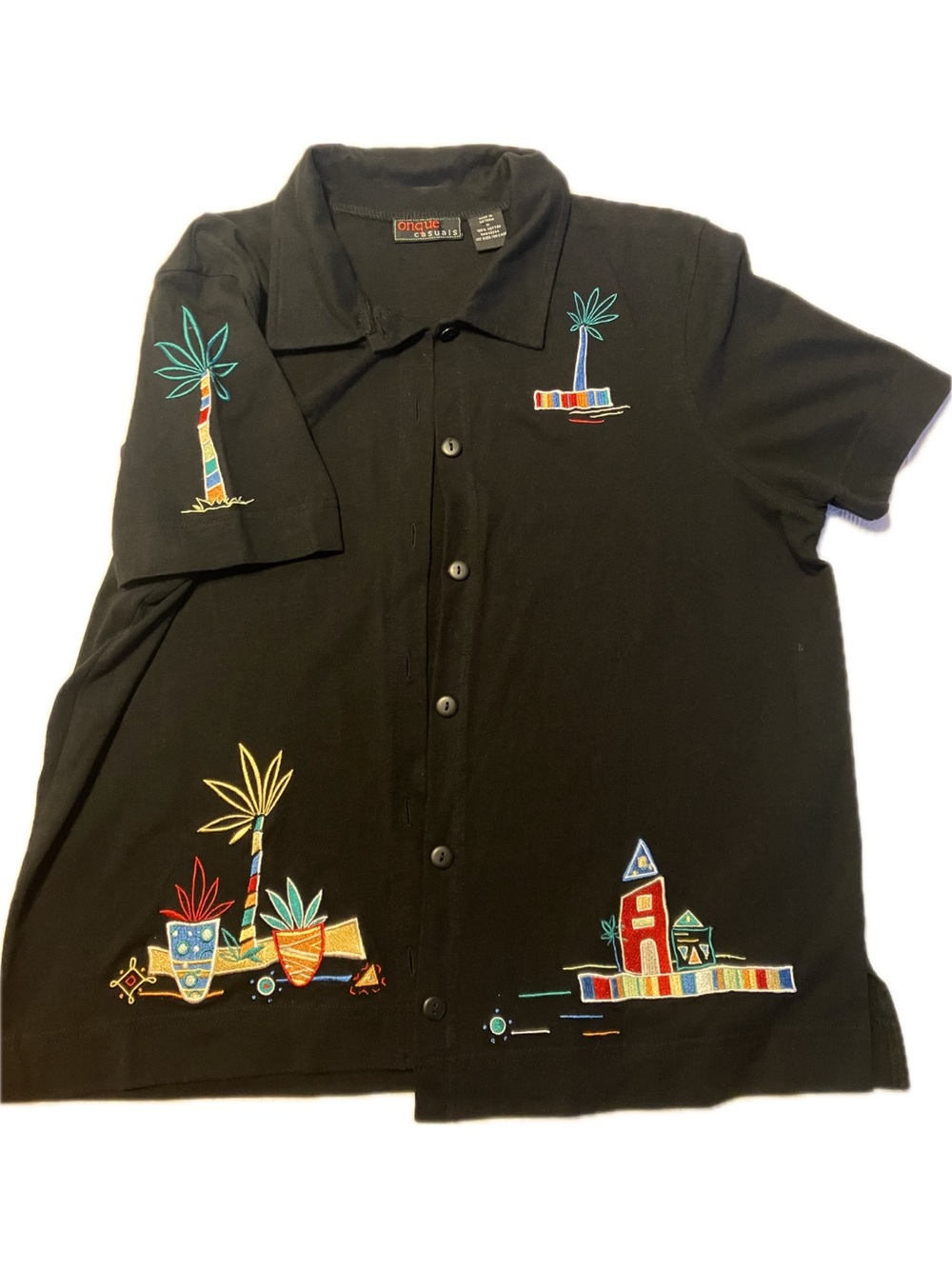 Onque Casuals Black Button-Down Shirt with Colorful Embroidered Tropical Motifs